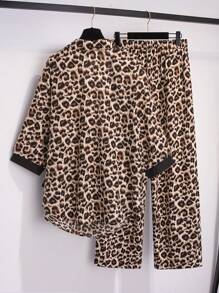 SHEIN LUNE 2 Stück Frauen Große Größen Set aus Leopard Muster Langarm Bluse und Hose für den Herbst/Sommer