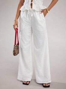 SHEIN BAE Women's White Solid Color Front Tie Pocket Embroidered Casual Loose Wide Leg Pants, Suitable For Daily, Vacation, Spring/Summer - White - View 5
