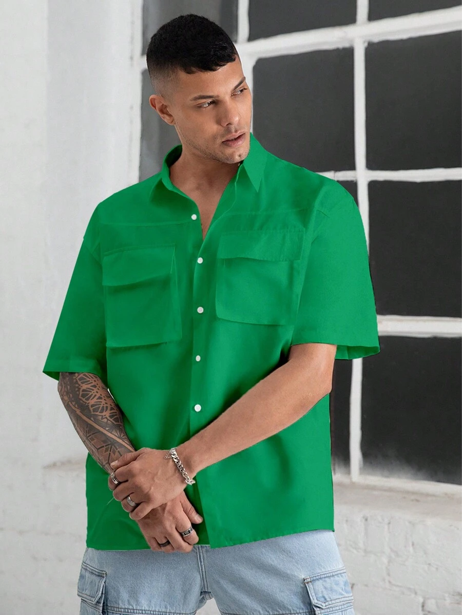 Manfinity Homme Oversized Men's Flap Pocket Drop Shoulder Shirt - Green - View 1