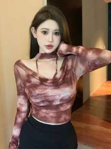 DAZY Tie-Dye All Over Print Halter Neck Self-Tie Cuff Long Sleeve Women Top,Fall Women Clothes - Red Violet - View 6