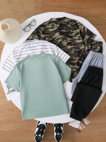 SHEIN Leap Crew 青少年男孩休闲短袖和长裤套装，多件套 - 彩色 - 查看 2