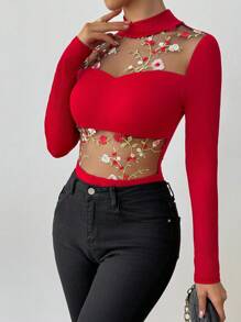 SHEIN X  Ignacia Antonia Zolique Bộ đồ liền thân thêu lưới dài tay cho nữ - Đỏ - Xem 6