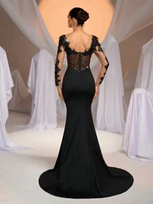 Glamrae Váy đuôi cá xếp nếp dệt kim co giãn đính hạt và đá quý sang trọng thanh lịch, thích hợp cho đám cưới, tiệc tùng, ngày lễ, dạ hội, váy trang trọng, váy dự tiệc cưới, váy dự tiệc, váy dạ hội, váy dài - màu đen - Xem 3