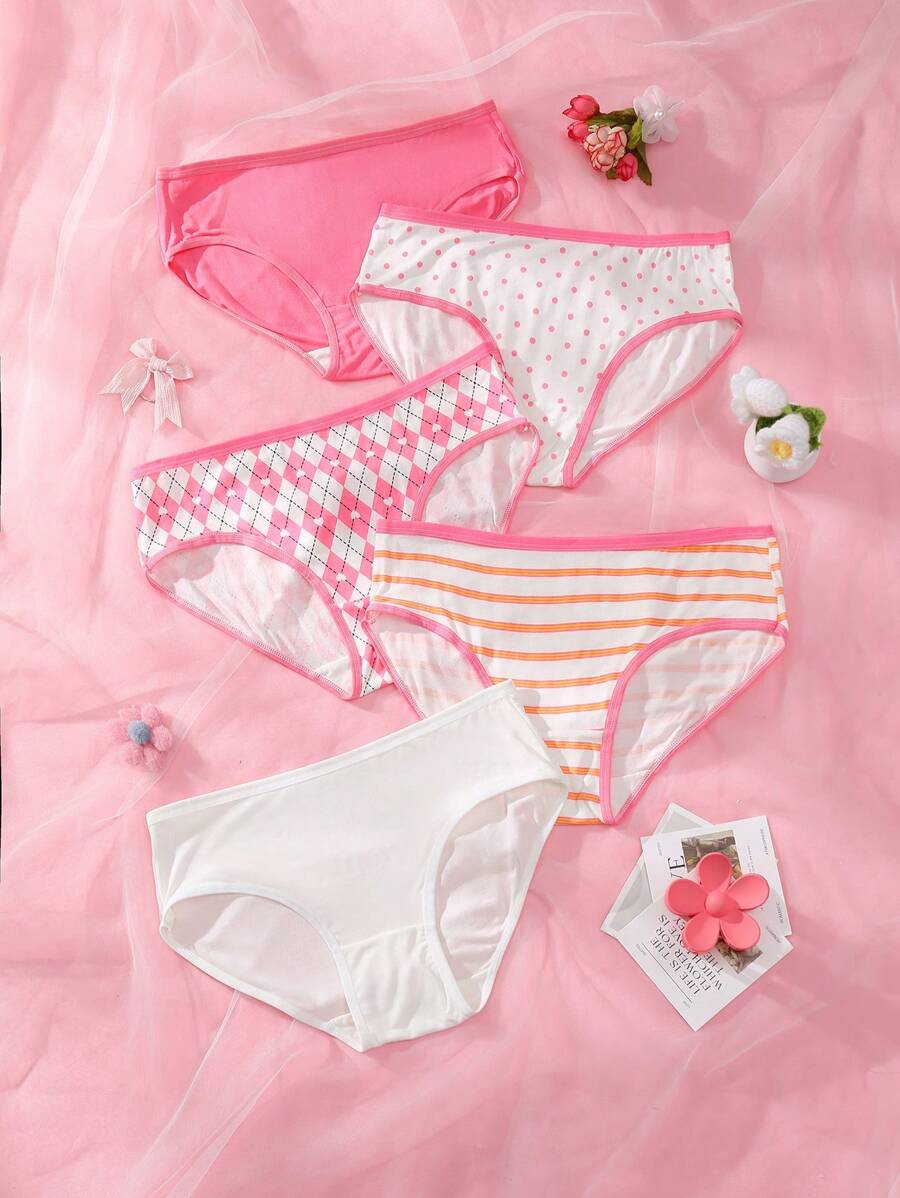 5 条装心形可爱多色三角裤，青少年女孩内衣 - 玫紅色 - 查看 1