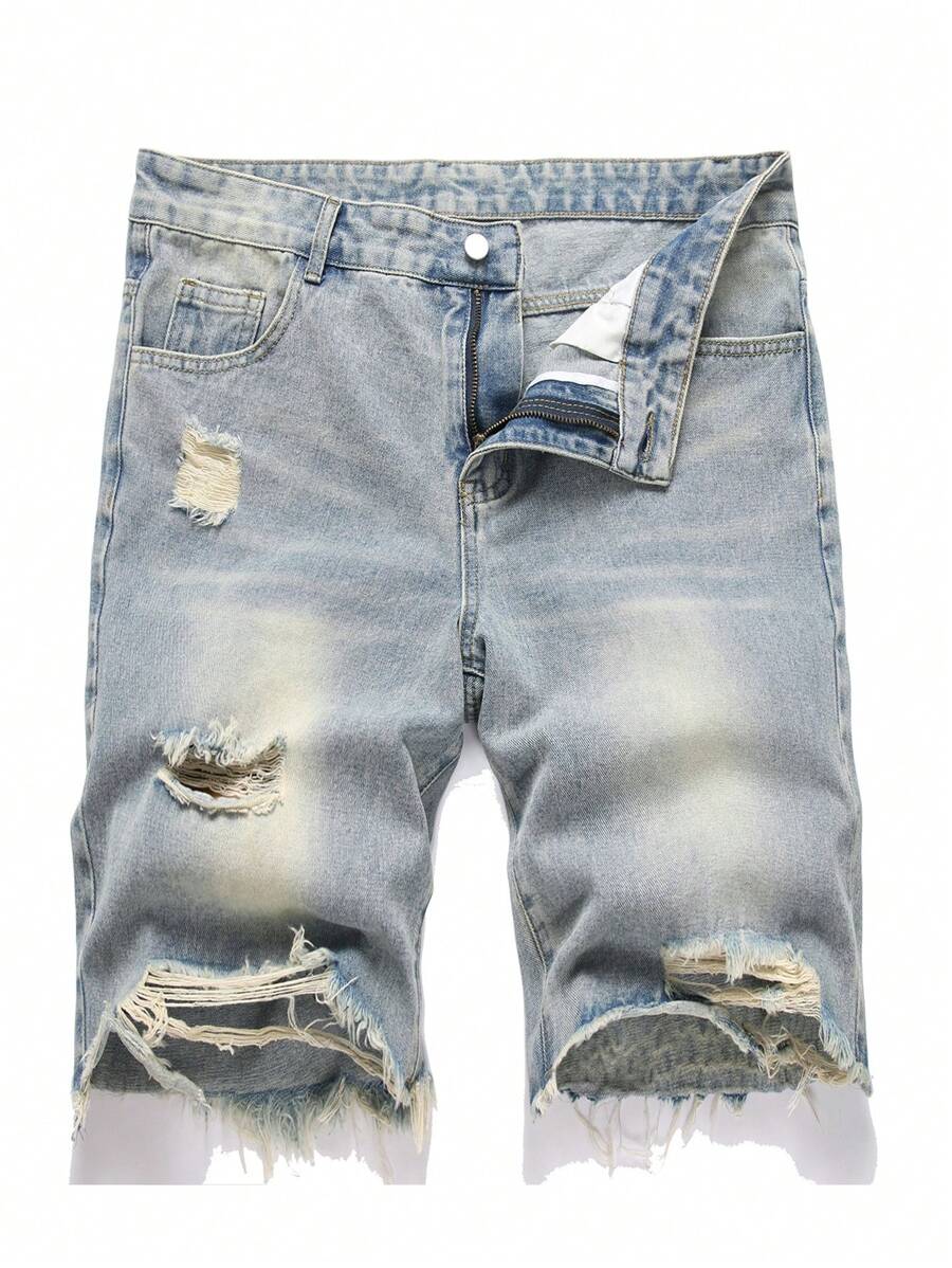 Manfinity LEGND 男式前扣口袋破洞休闲牛仔短裤 - 藍色 - 查看 1