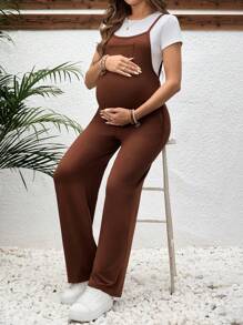 SHEIN Casual Brown Sleeveless Pocket Maternity Wide Leg Jumpsuit