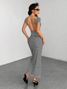 SHEIN PETITE Women's Striped Fitted Long Backless Casual Dress