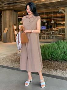 DAZY 无袖 A 字形系腰长裙，条纹领口太阳裙衬衫裙 - 棕色 - 查看 4