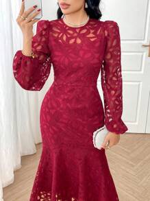 Modelyn Women Solid Color Round Neck Long Sleeve Hollow Out Casual Dress