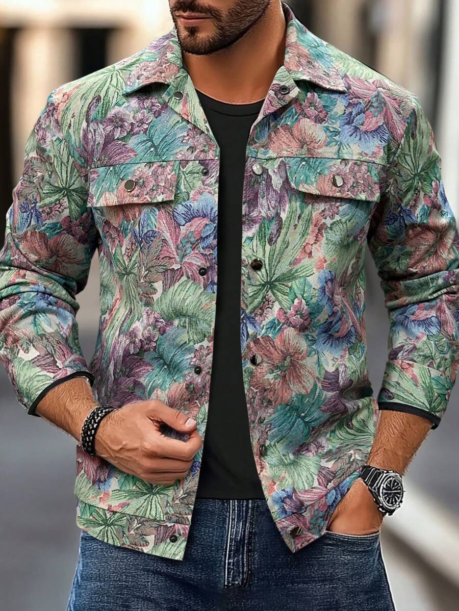 Manfinity Homme Men's Front Button Long Sleeve Pocket Floral Print Casual Jacket Spring Clothes For Men - Multicolor - View 1