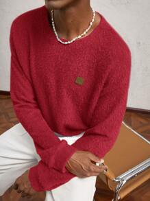 AKNOTIC Business Casual Men's Relaxed Fit Crewneck Drop Shoulder Long Sleeve Casual T-Shirt, Suitable For Autumn/Winter, Everyday Wear, Letter Graphic With Flocking, Green Contrast - Red - View 2