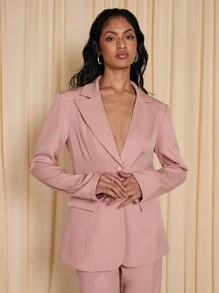 COSMINA Valentine's Day Padded Shoulder Pink Blazer Long Sleeve Jacket - Pink - View 5