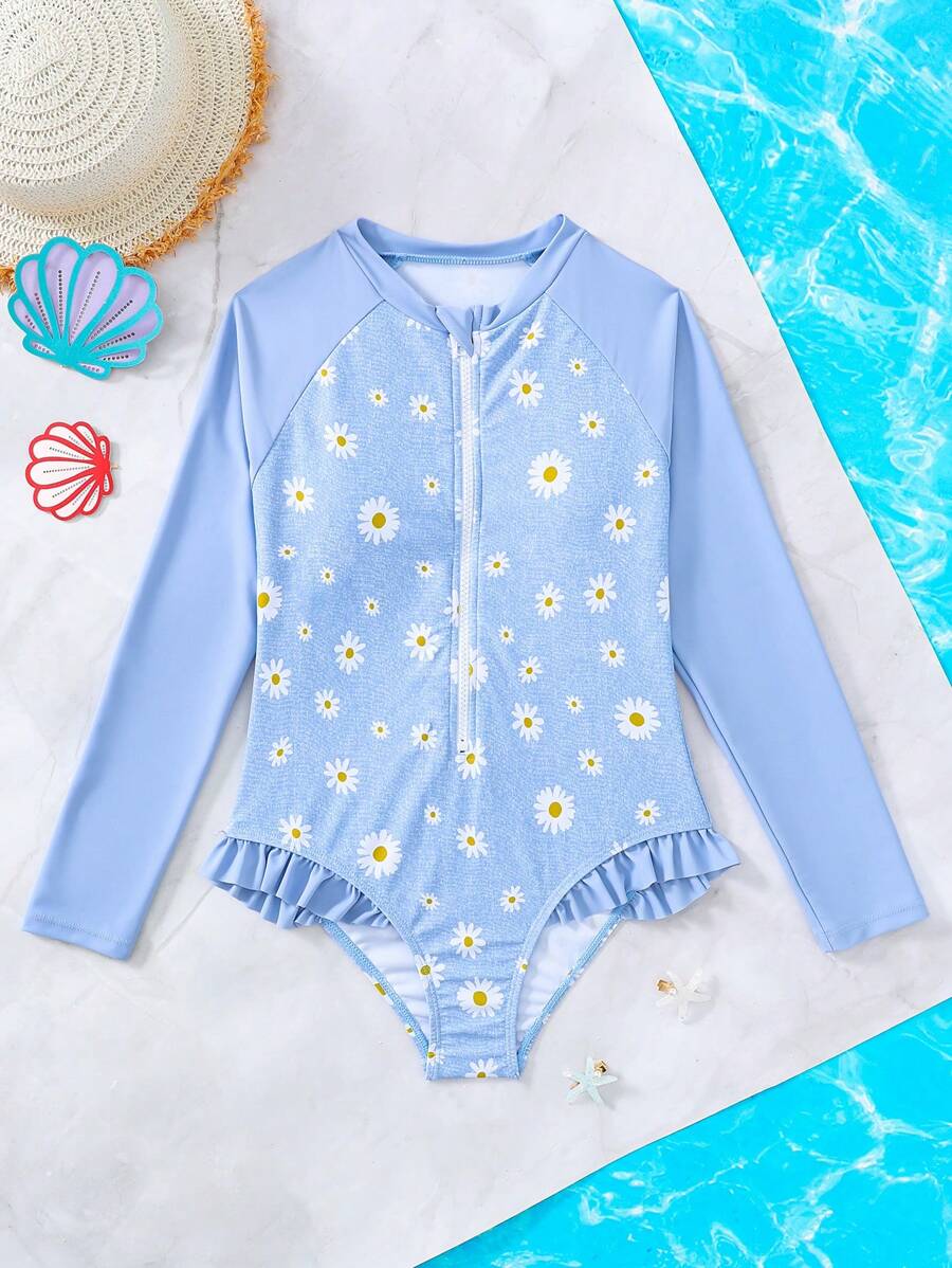 SHEIN Đồ bơi liền thân in họa tiết hoa cúc thoải mái cho bé gái tuổi mới lớn, thích hợp cho kỳ nghỉ ở bãi biển, màu xanh lam - Màu xanh lam - Xem 1
