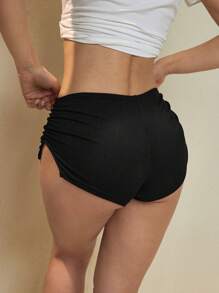 Swim Basics Summer Women's Ruffle Side Split Striped Fabric Flattering Booty Shorts Bottom, Black, For Beach, Vacation, Simple