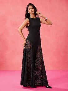 Yelly Gray 设计师弹力针织对比蕾丝长裙黑色连衣裙优雅节日、婚礼、舞会礼服 - 黑色 - 查看 6