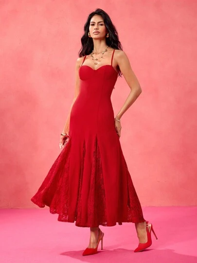 Yelly Gray Designer Red Spaghetti Straps Contrast Lace Dress Elegant Valentine's Day, Festival, Wedding, Prom Dress