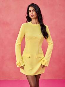Yelly Gray Designer Pastellgelbes Langarm Slim Fit Mini Kleid mit Rosenblüte, elegantes Frühjahr Sommer Buttergelb Kleid, Festival Outfits, Hochzeit Abschlussball Kleid - Gelb - Übersicht 6