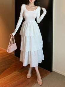 DAZY Lace Jacquard Flared Midi Dress For Women, Slim Fit,Ruffle,Fall Dress Long Sleeve Dress - White - View 2