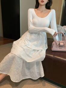 DAZY Lace Jacquard Flared Midi Dress For Women, Slim Fit,Ruffle,Fall Dress Long Sleeve Dress - White - View 5