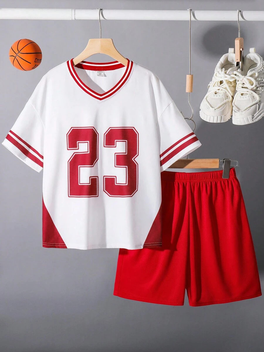 Tween Boy Casual Academy Style Comfortable & Fashionable Versatile Cute Soft Set - Colorblock V-Neck Short Sleeve T-Shirt & Shorts, Practical For Daily, School, Commute, Sports, Spring/Summer - Red - View 1
