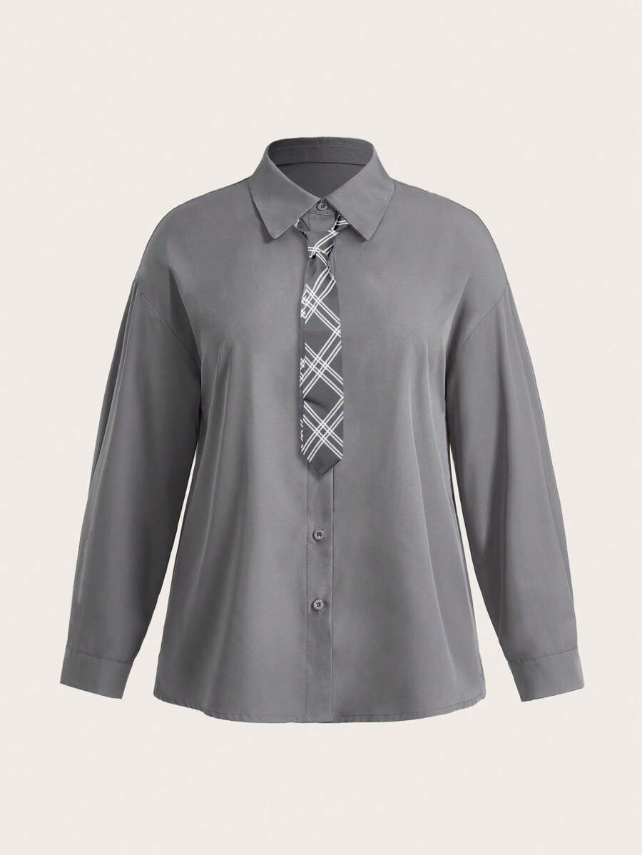 SHEIN EZwear Áo sơ mi tay dài họa tiết kẻ caro xám rộng rãi cỡ lớn, mùa thu/đông - Xám - Xem 1