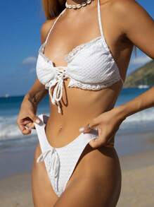 Conjunto de bikini de 2 piezas para mujer/niña con parte superior halter con cuello de encaje floral y Bottom tipo braguita con moño, adecuado para playa y resort