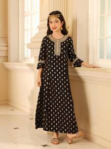 Tween Girl Round Neck Polka Dot Print Lace Patchwork Dress - Black - View 4
