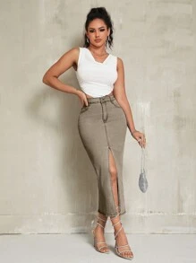 SHEIN SXY Women's Casual Button Front Pocket Slit Denim Midi Skirt
