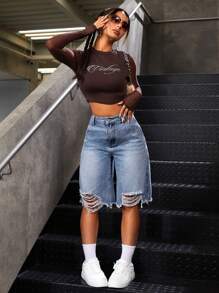 SHEIN ICON 女士休闲破洞牛仔短裤 - 深色水洗藍 - 查看 5