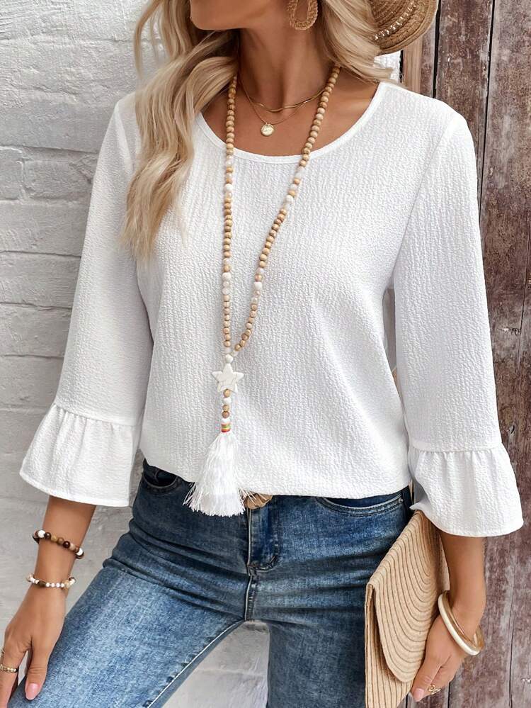Women Solid Color Round Neck Ruffle Hem Casual Versatile Blouse