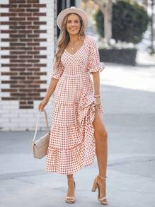 SHEIN LUNE Brown Plaid Print Ruffle Hem Mid-Length Dress For Women,Vacation Outfits Woman - Multicolor - View 4