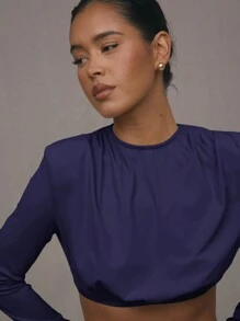 MUSERA Elasticated Hem Crop Top Casual Summer Fall - Navy Blue - View 3