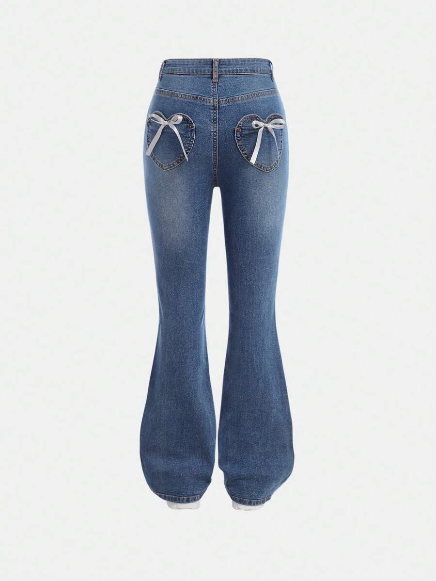 SHEIN Teen Girls' Y2K Blue Denim Cute Ribbon Bow Heart Pocket Long Pants,Baby Girl Fall And Winter Clothes - Medium Wash - View 1
