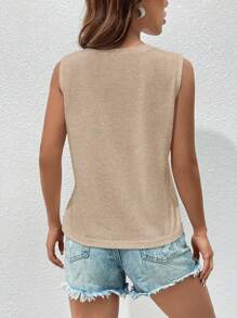 SHEIN Essnce 女士无袖纯色休闲背心，时尚日常穿着 - 卡其色 - 查看 2