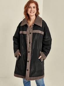 SHEIN Clasi Plus Size Women Winter Clothes Contrast Color Lapel Long Sleeve Single-Breasted Casual Padded Padded Coat - Multicolor - View 7
