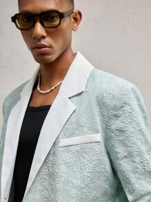 AKNOTIC Business Casual 2 件套浅绿色男士珍珠纽扣提花梭织翻领拼布修身休闲西装套装，适合休闲、度假、婚礼、毕业礼物 - 薄荷綠 - 查看 3