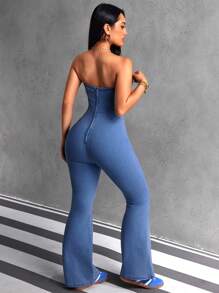 SHEIN ICON 女士交叉紧身修身喇叭牛仔连身裤 - 中等水洗藍 - 查看 2