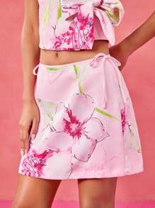 Becci 设计师粉色花卉印花高腰蝴蝶结 A 字迷你裙，适合春夏度假、海滩、节日、伊比沙岛