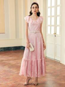ZEYLAH WOMEN'S Ruffle Trim Lace Tiered Maxi Dress For Valentine's Day,SPRING/SUMMER