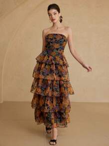 BELROSIE Fashion French Romantic High-End Organza Print Ruffle Trim Sleeveless Long Dress For Women - Multicolor - View 6