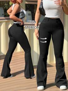 SHEIN Essnce Women's Skinny Flare Jeans, Casual Stretchy Black - Black - View 1