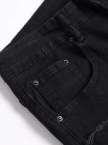 Manfinity EZcore Men's Front Button Pocket Distressed Casual Denim Skinny Shorts - Black - View 7