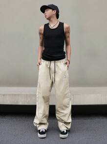 Aesthetic Post 男士休闲拼接侧缝宽松阔腿裤 - 杏色 - 查看 4