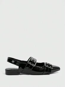 Cuccoo CUCCOO GRLICON Black Pointed Toe Casual Flats With Straps And Buckle, Motorcycle Style Comfortable Slip-On Shoes For Women Valentine's Day