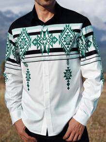 Manfinity Nomadique 男士复古印花长袖衬衫，休闲简约时尚日常穿着