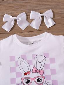 SHEIN Young Girl 2 Pieces Set: Knit Plain Cute Rabbit Graphic Round Neck Top And Woven Fitted Mini Skirt, Suitable For Easter, Baby Shower, Party, Birthday, Princess Girls Dress, School Clothes - White - View 6