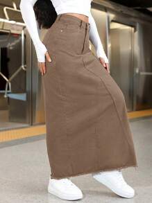 SHEIN EZwear Women's Front Button Pocket Denim A-Line Skirt, Casual Everyday