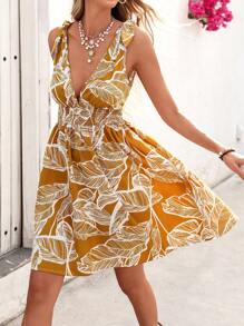 SHEIN VCAY Falda casual estampada de cuello en V sin mangas para mujer, vestidos de mujer, ropa de resort para mujer, ropa de verano para mujer, vestidos de verano para mujer
