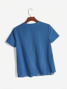 EMERY ROSE Women's Summer Cotton Embroidered V-Neck Short-Sleeve Shirt - Dusty Blue - View 2