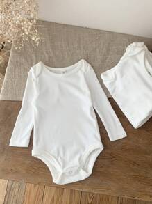 SHEIN LMoss Kids LMoss Newborn Baby Girl Adorable Knitted Elastic Solid Color Romper Gift Set, Autumn/Winter